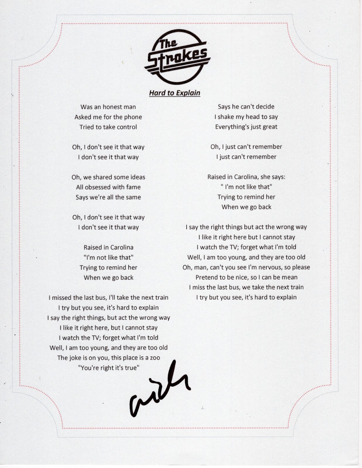 THE STROKES NICK VALENSI SIGNED HARD TO EXPLAIN LYRIC SHEET GUITAR PLAYER COLLECTIBLE MEMORABILIA