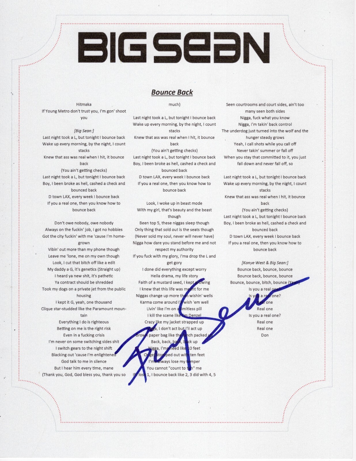 BIG SEAN BOUNCH BACK SIGNED LYRIC SHEET COLLECTIBLE MEMORABILIA