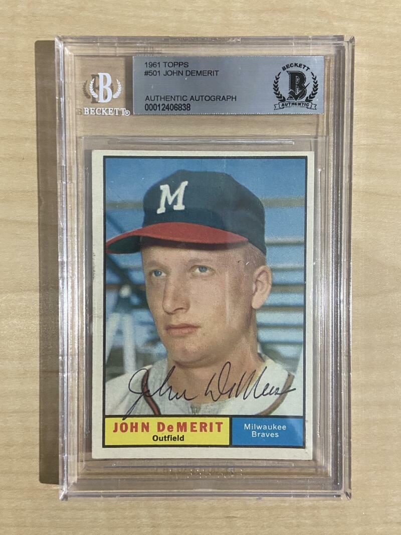 1961 TOPPS JOHN DEMERIT BRAVES #501 SIGNED CARD BECKETT AUTHENTIC AUTO