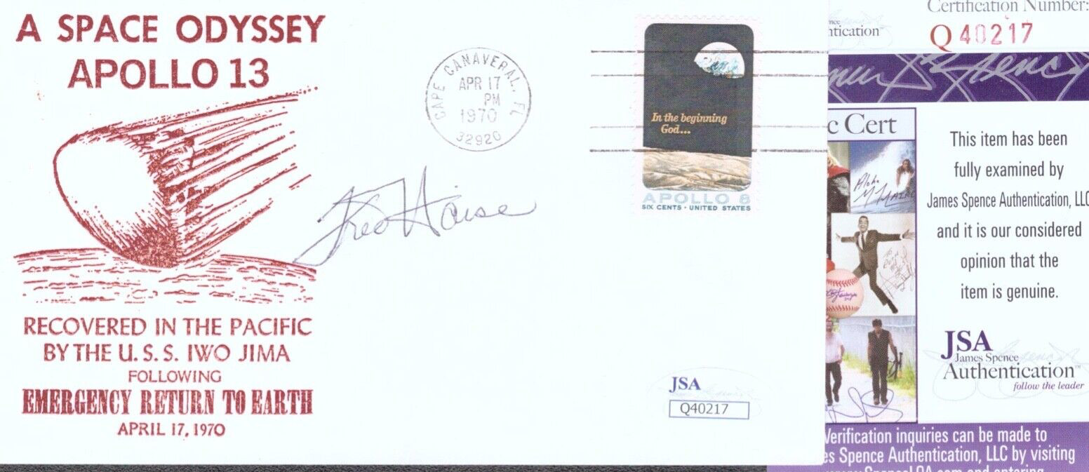 FRED HAISE SIGNED AUTOGRAPH ENVELOPE JSA APOLLO 13 LUNAR MODULE PILOT LMP COLLECTIBLE MEMORABILIA