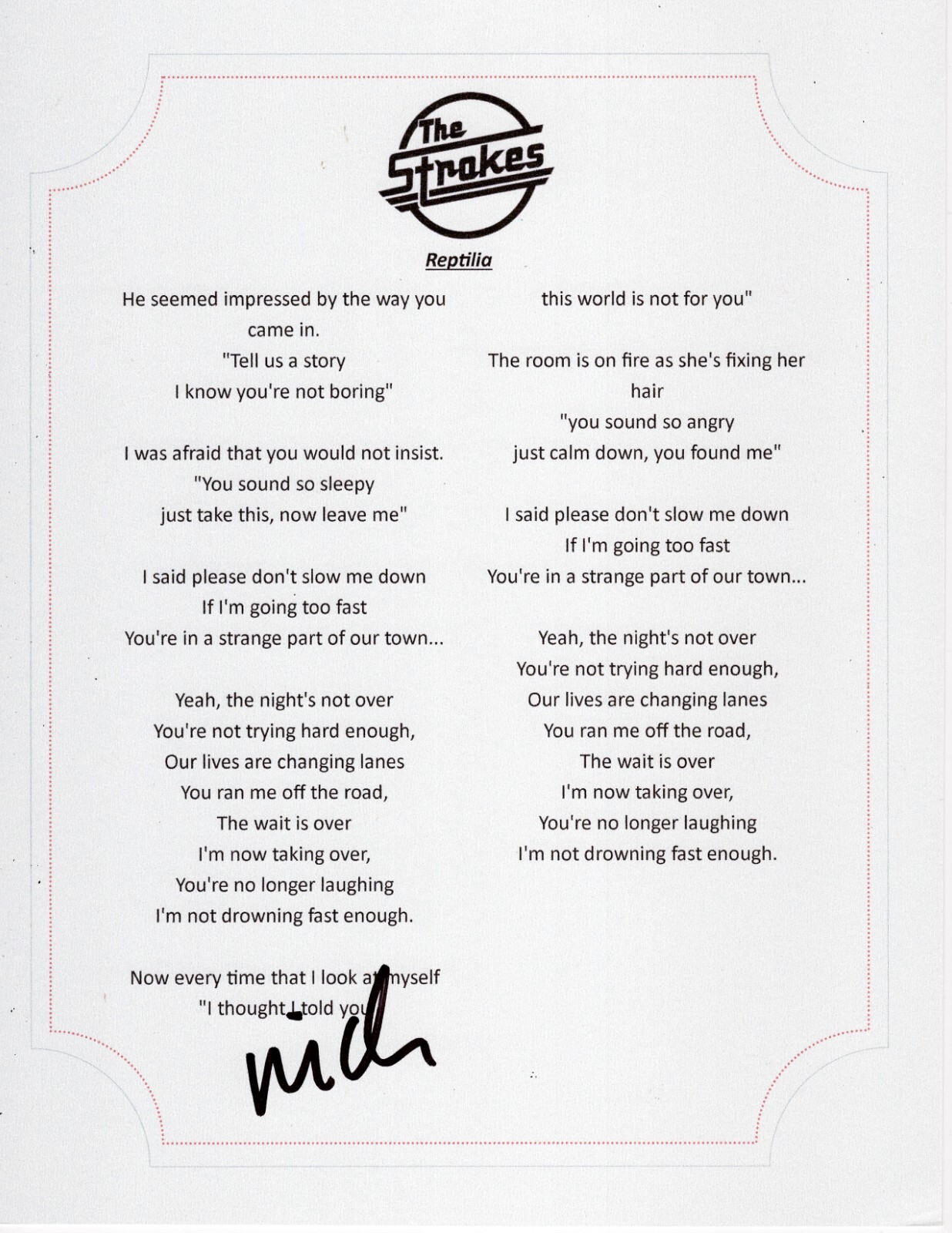 THE STROKES NICK VALENSI SIGNED REPTILIA LYRIC SHEET