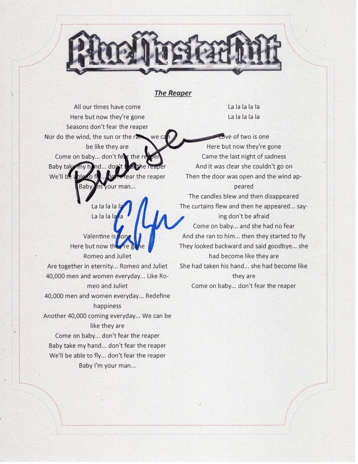 BLUE OYSTER CULT BUCK & ERIC SIGNED THE REAPER LYRIC SHEET LEGEND
