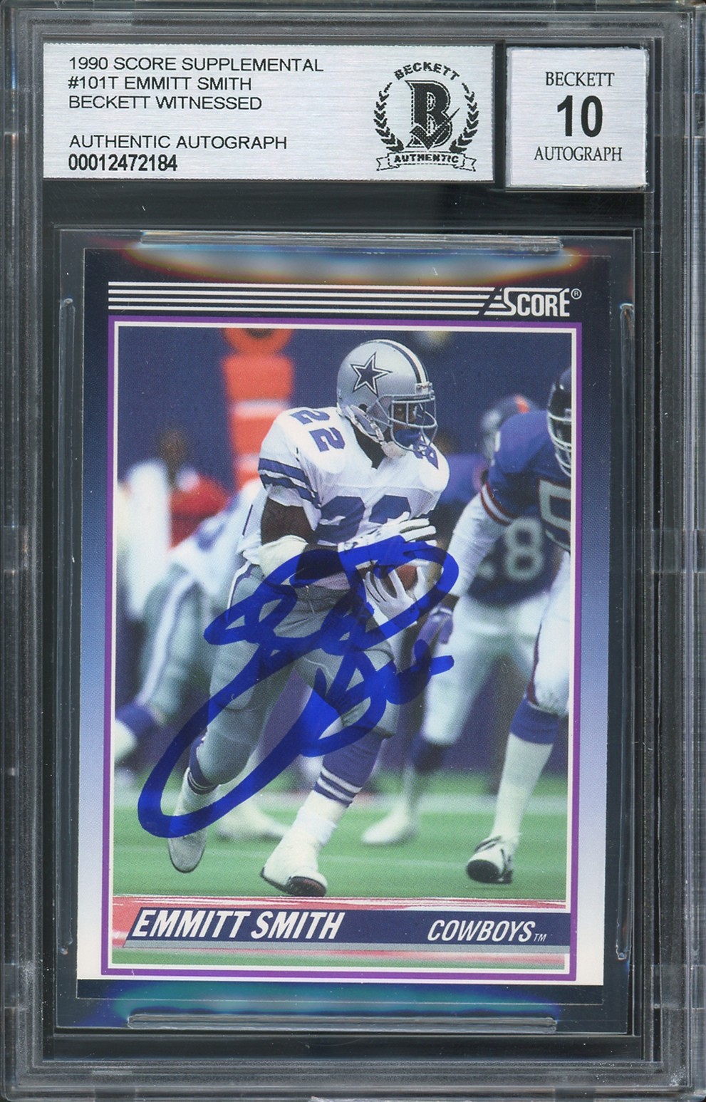 Cowboys Emmitt Smith Signed 1990 Score #101T RC Card Auto Graded 10! BAS Slabbed