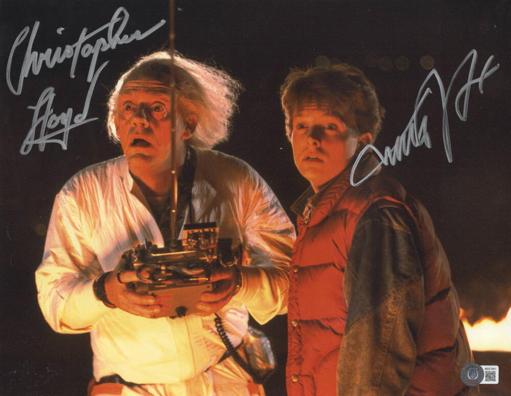 MICHAEL J FOX CHRISTOPHER LLOYD SIGNED 11X14 PHOTO BACK TO THE FUTURE BAS LOA