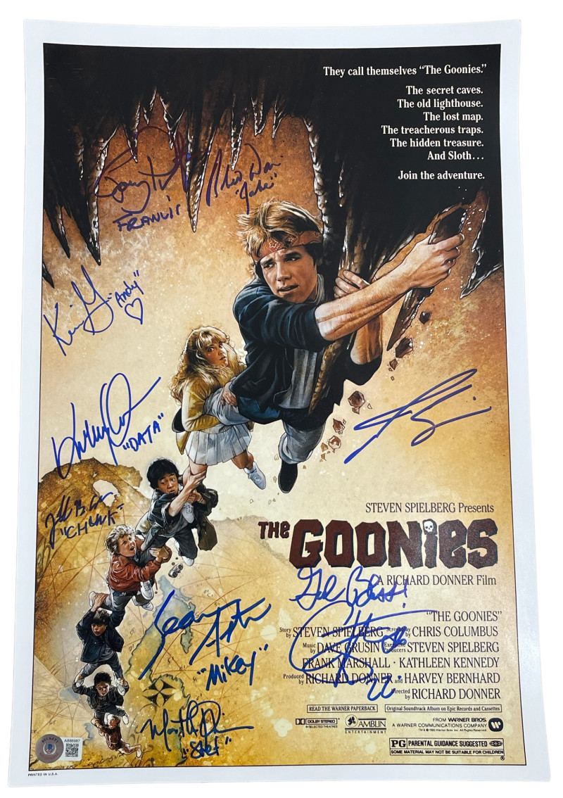 GOONIES FULL CAST SIGNED 12X18 PHOTO 9 AUTOGRAPHS BROLIN FELDMAN BECKETT LOA 3