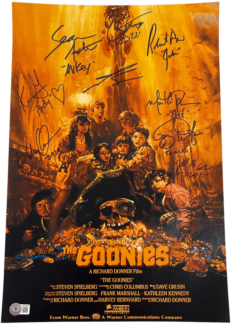 GOONIES FULL CAST SIGNED 12X18 PHOTO 9 AUTOGRAPHS BROLIN FELDMAN BECKETT LOA 4