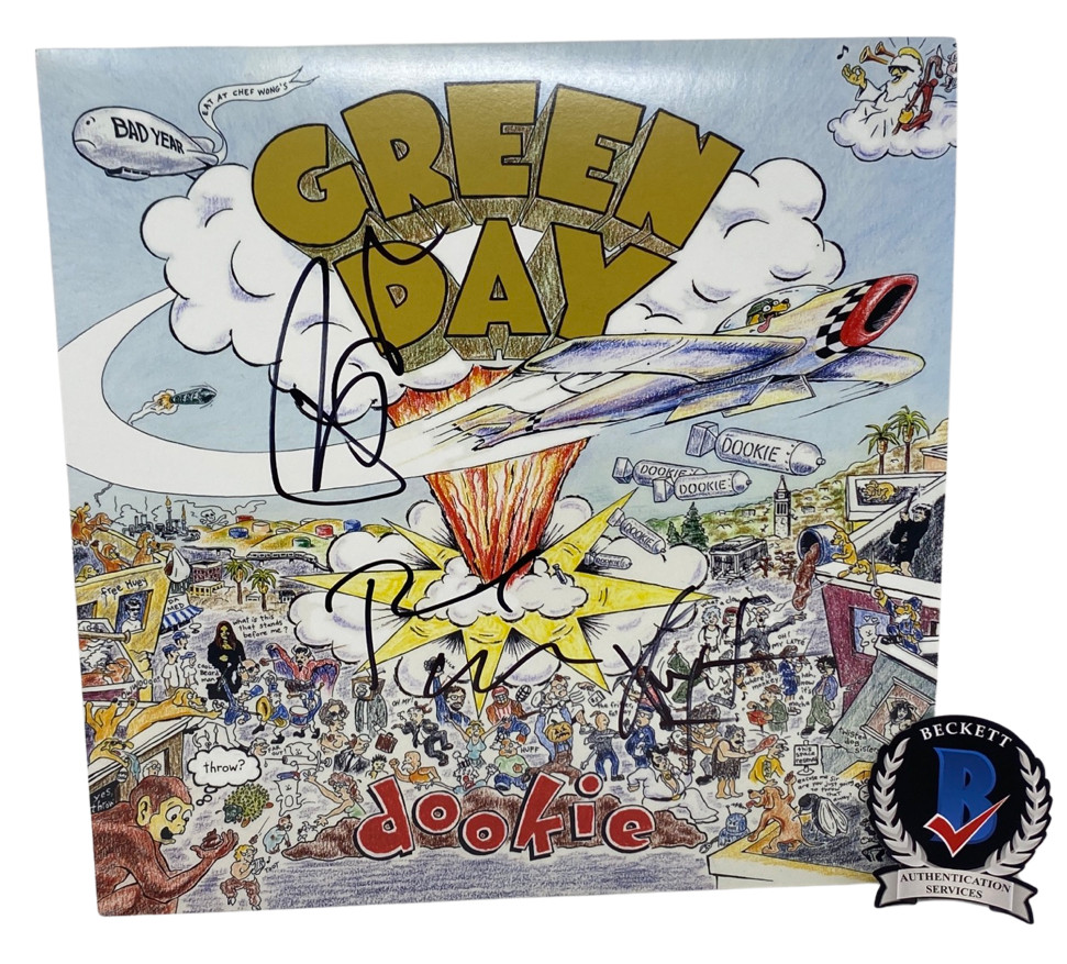 Green Day Band Signed Autographed Dookie Vinyl Record Album x3 Beckett COA