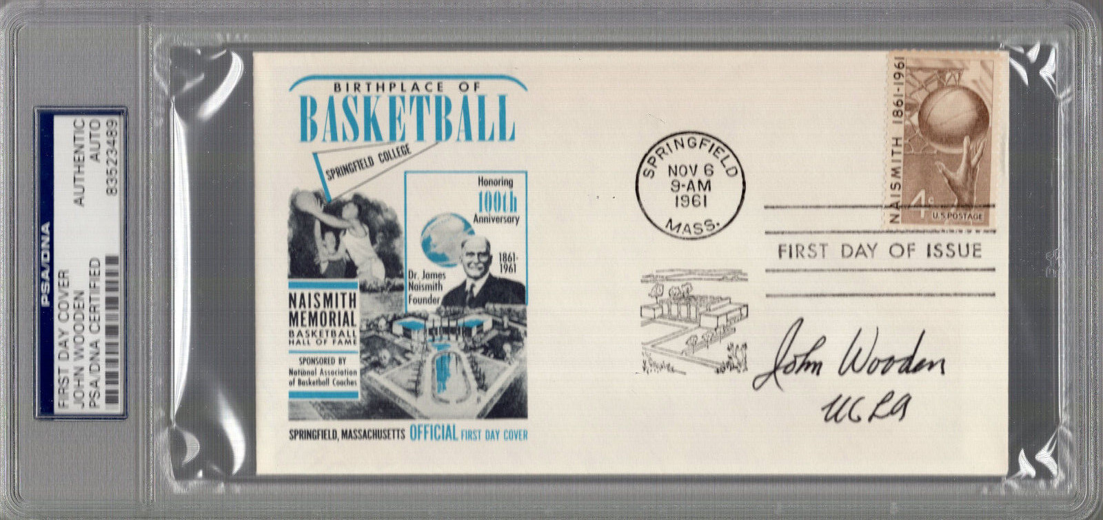 JOHN WOODEN HAND SIGNED VINTAGE BASKETBALL FIRST DAY COVER RARE PSA SLABBED