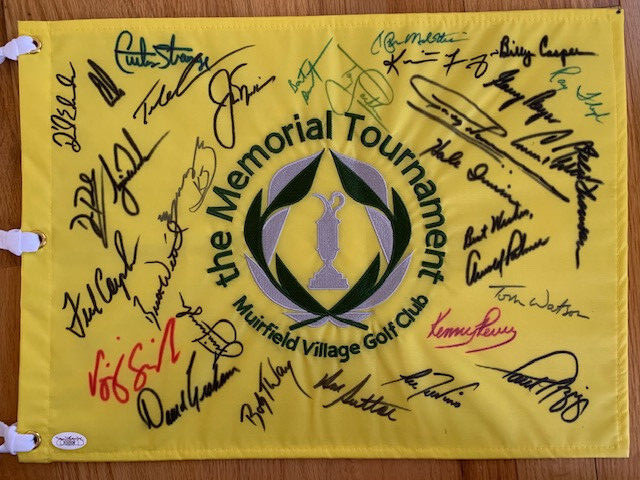 TIGER WOODS HAND SIGNED MEMORIAL GOLF FLAG 30 SIGS JACK+ARNIE+MORE JSA