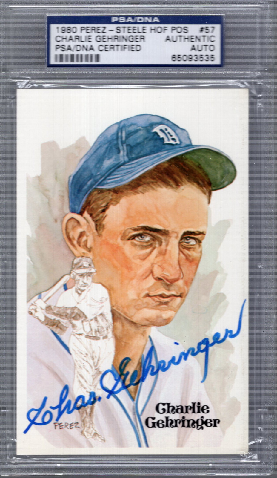 CHARLIE GEHRINGER HAND SIGNED HALL OF FAME PEREZ STEELE POST CARD PSA SLABBED