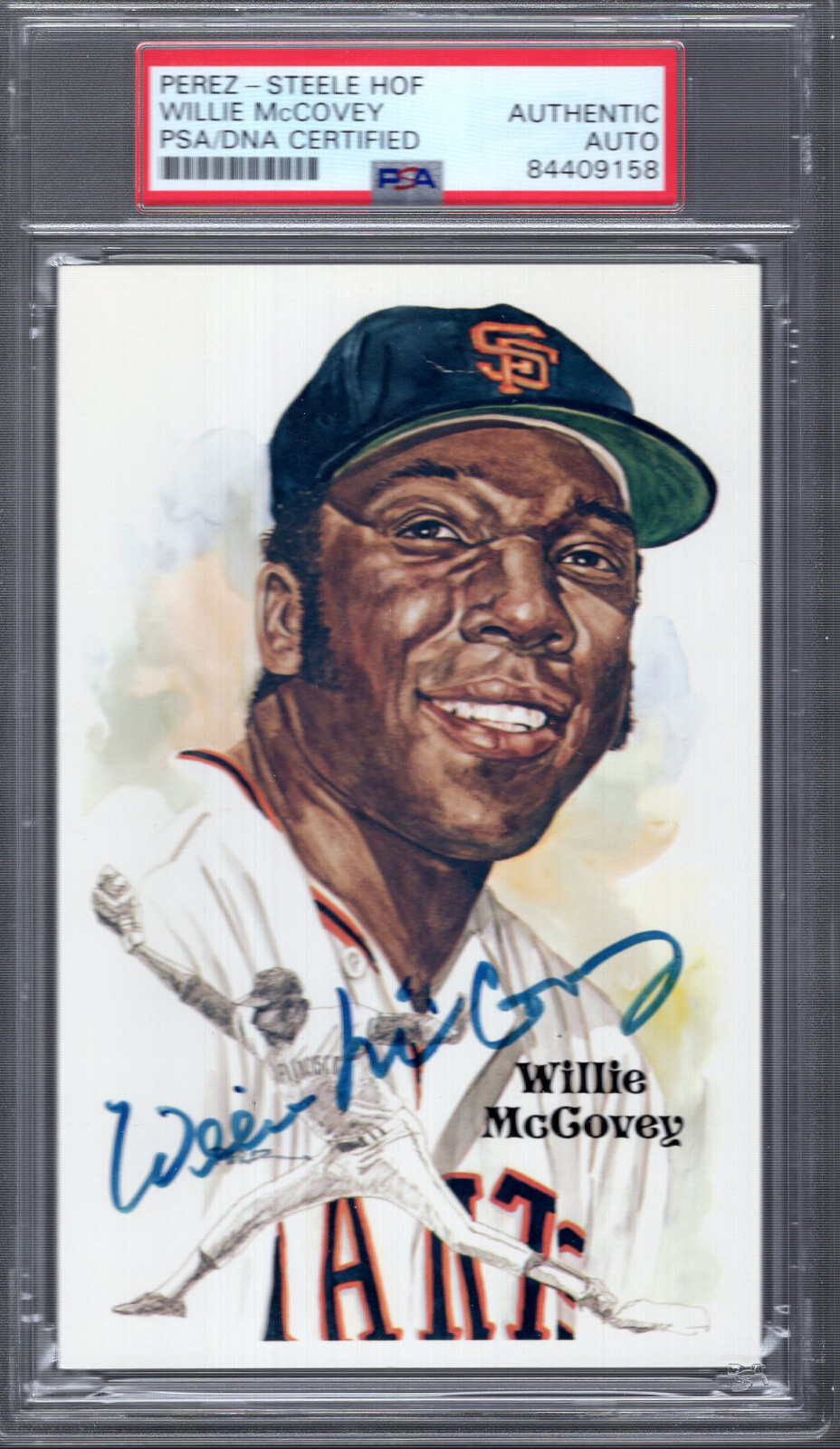 WILLIE MCCOVEY HAND SIGNED HALL OF FAME PEREZ STEELE CARD GIANTS PSA SLABBED