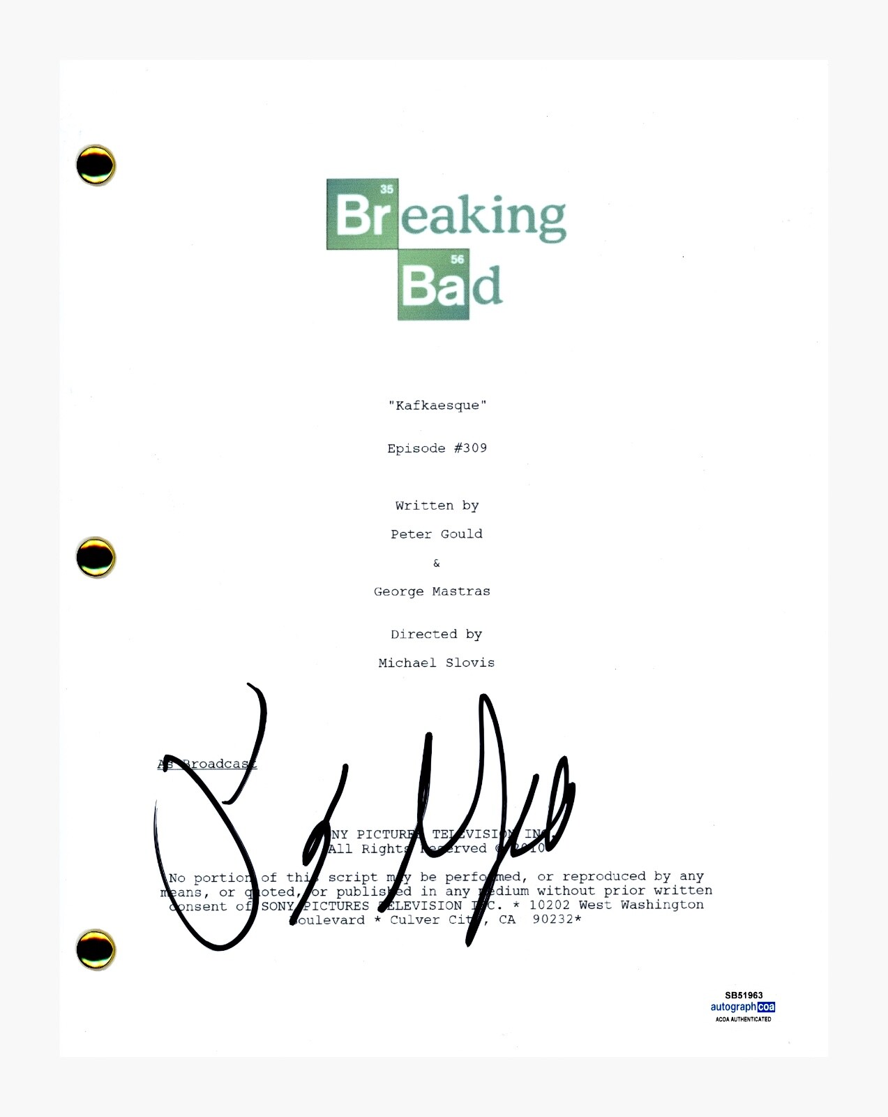 Peter Gould Signed Breaking Bad Kafkaesque Episode 309 Script Writer ACOA COA