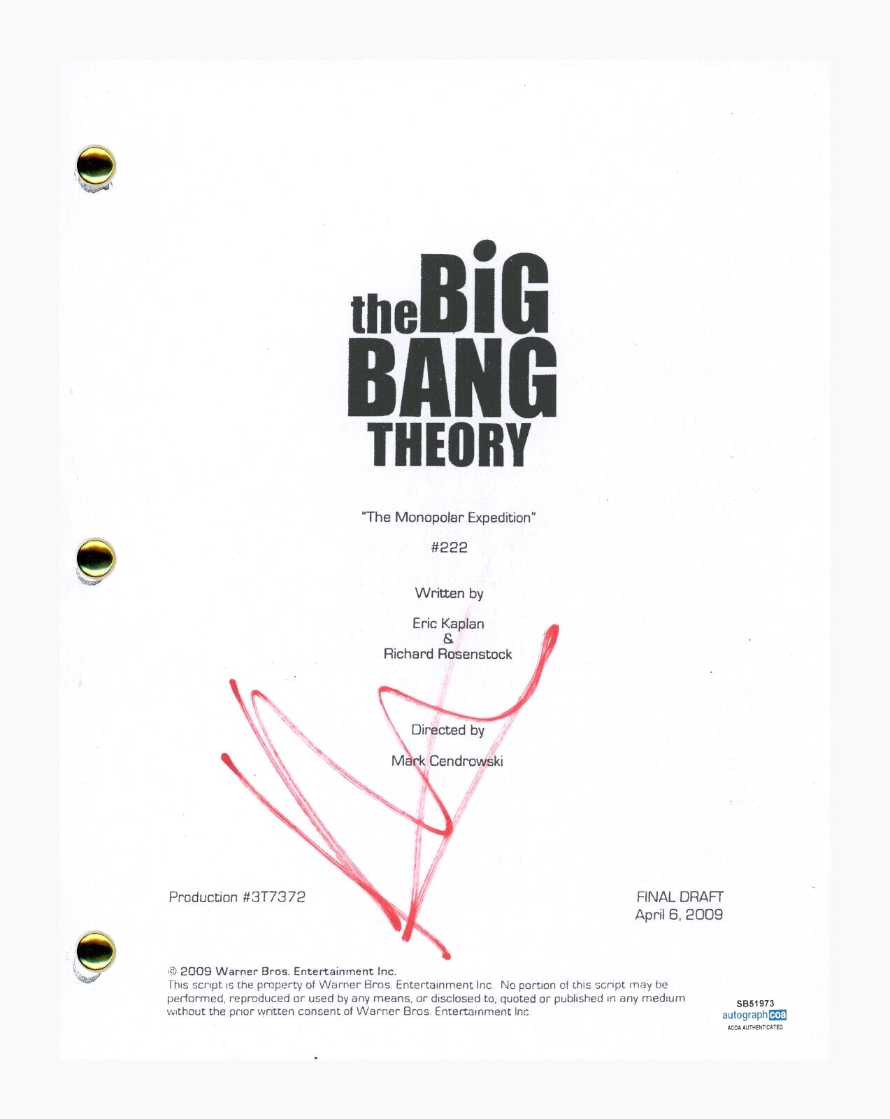 Kaley Cuoco Signed The Big Bang Theory The Monopolar Expedition Script ACOA COA
