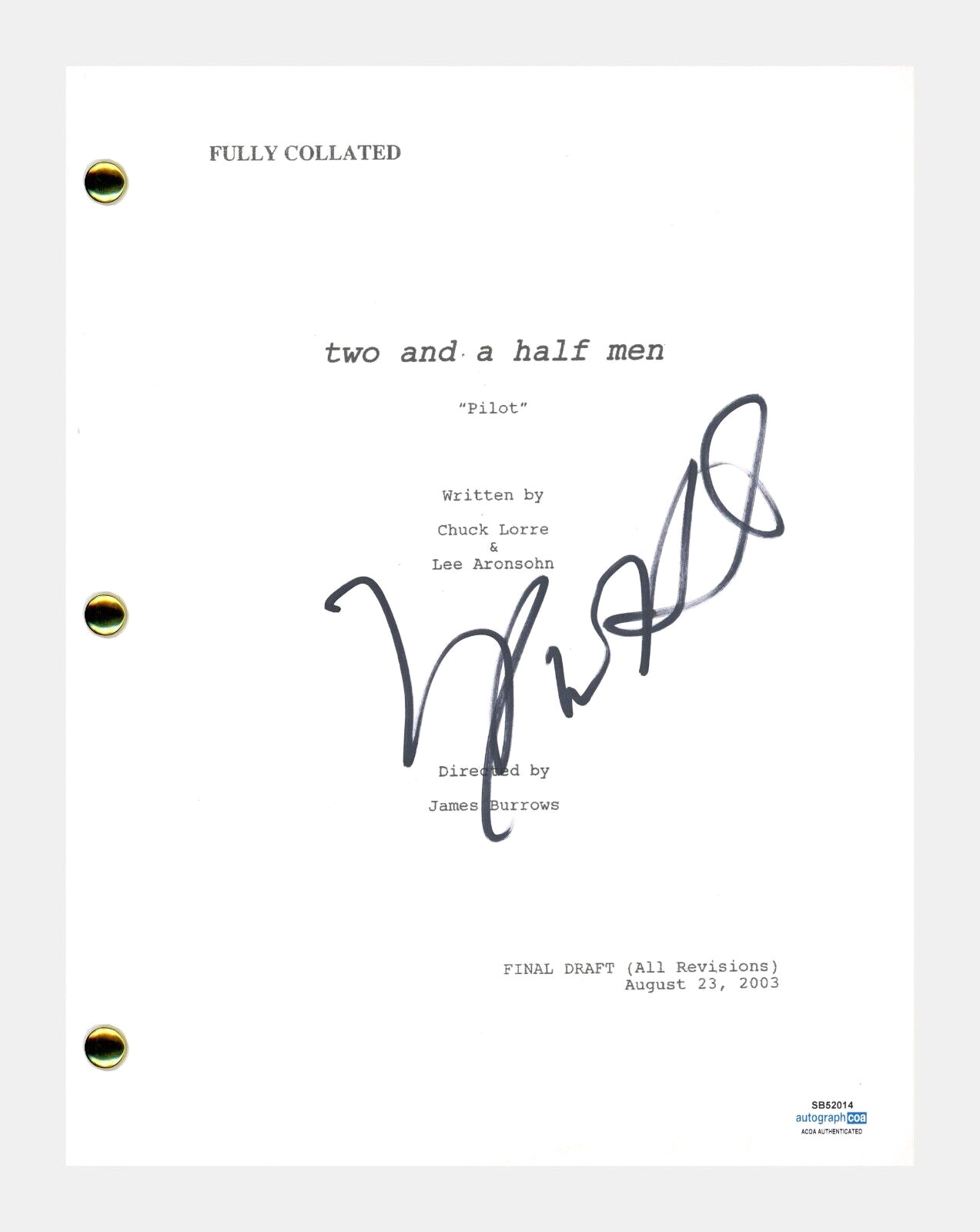 Marin Hinkle Signed Autographed Two and a Half Men Pilot Script Judith ACOA COA