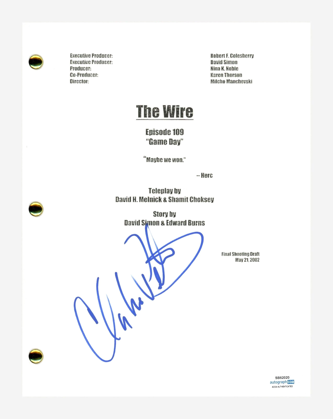 Clarke Peters Signed The Wire Game Day Ep109 Script Lester Freamon ACOA COA