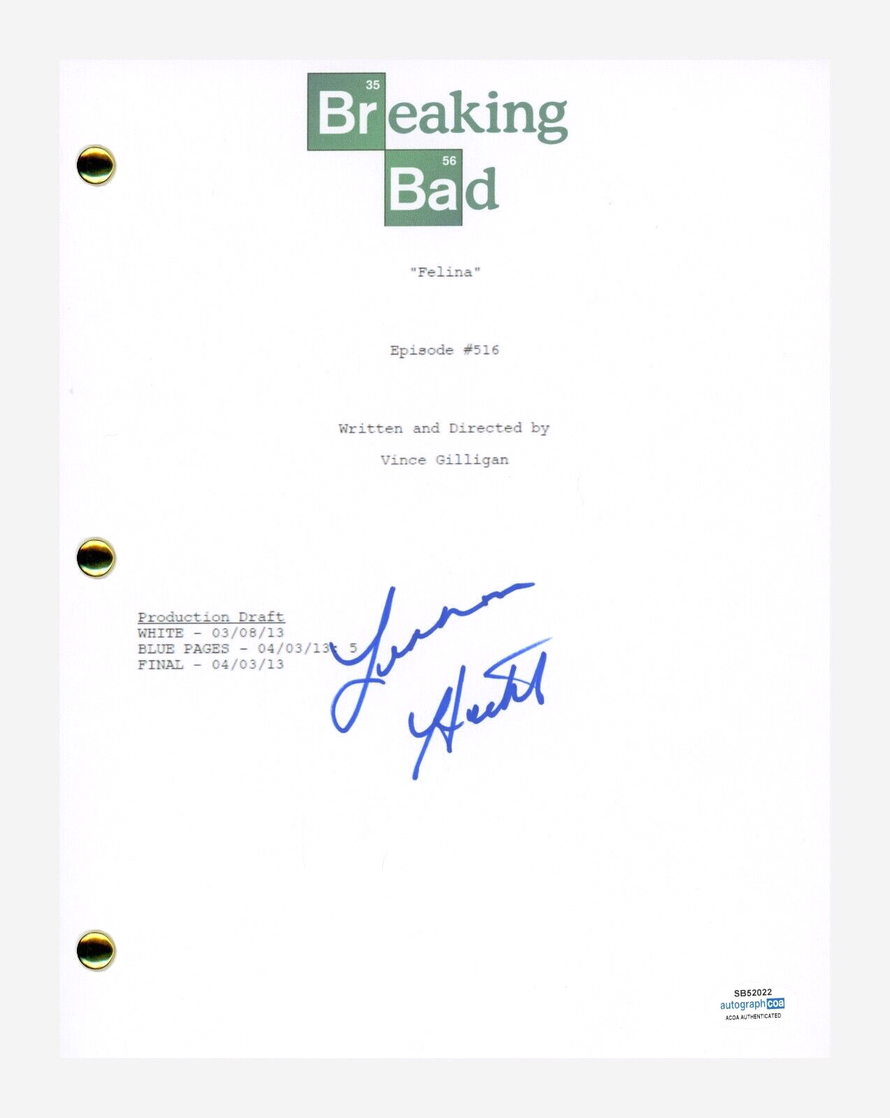 Jessica Hecht Signed Breaking Bad Felina Script Screenplay Gretchen ACOA COA
