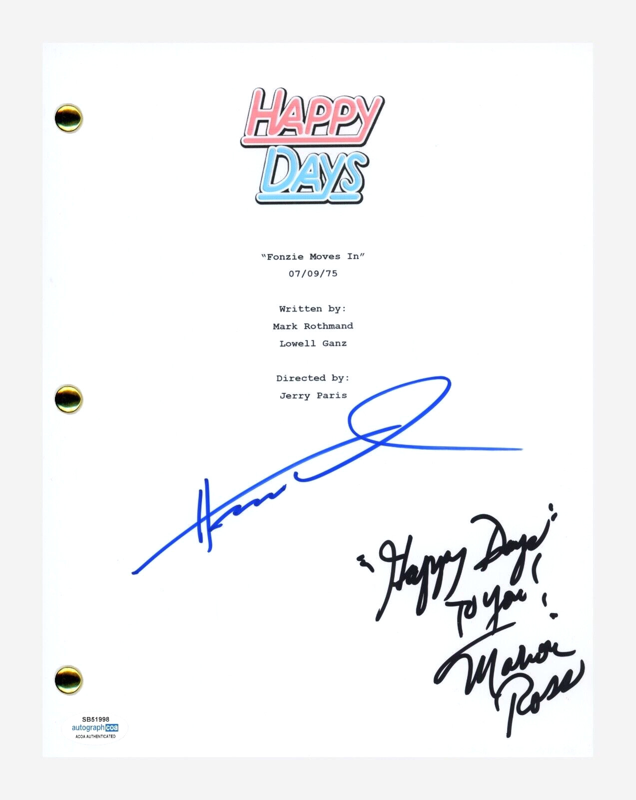 Henry Winkler & Marion Ross Signed Happy Days Fonzie Moves In Script ACOA COA