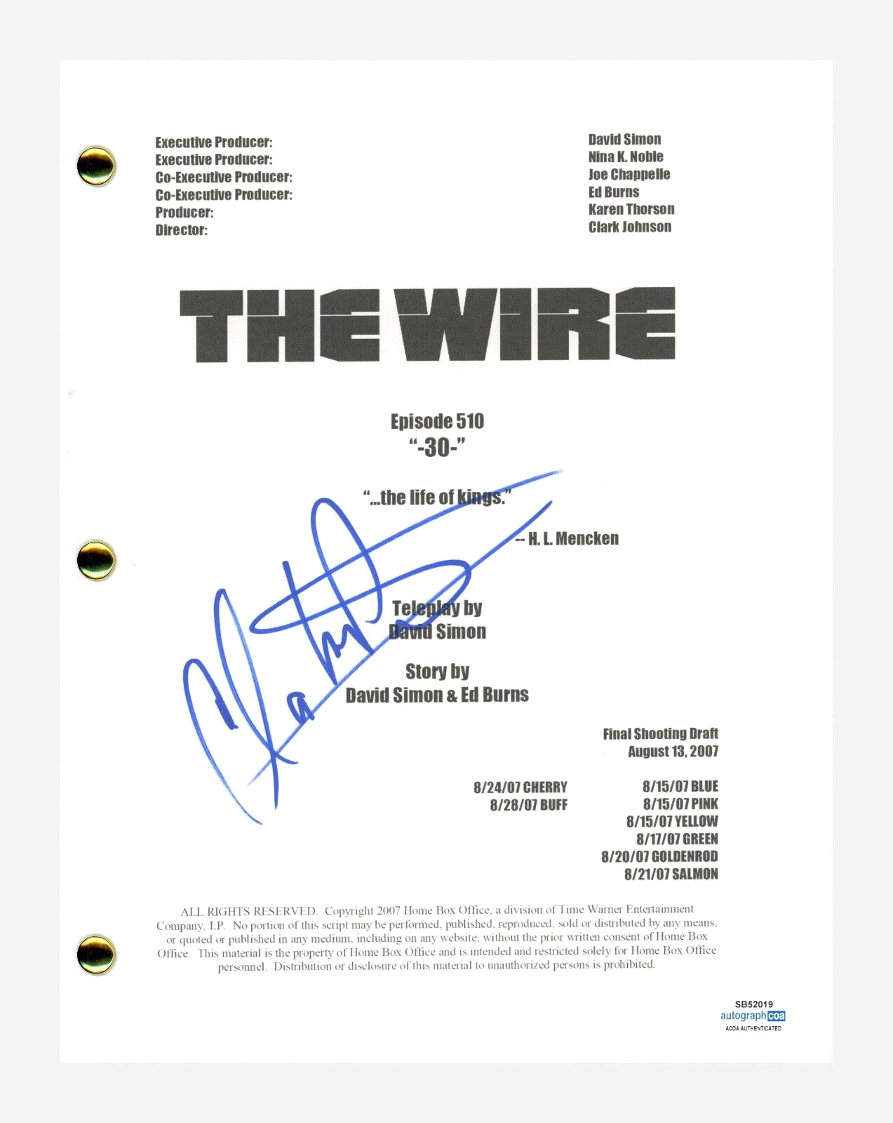 Clarke Peters Signed Autograph The Wire 30 Finale Script Lester Freamon ACOA COA
