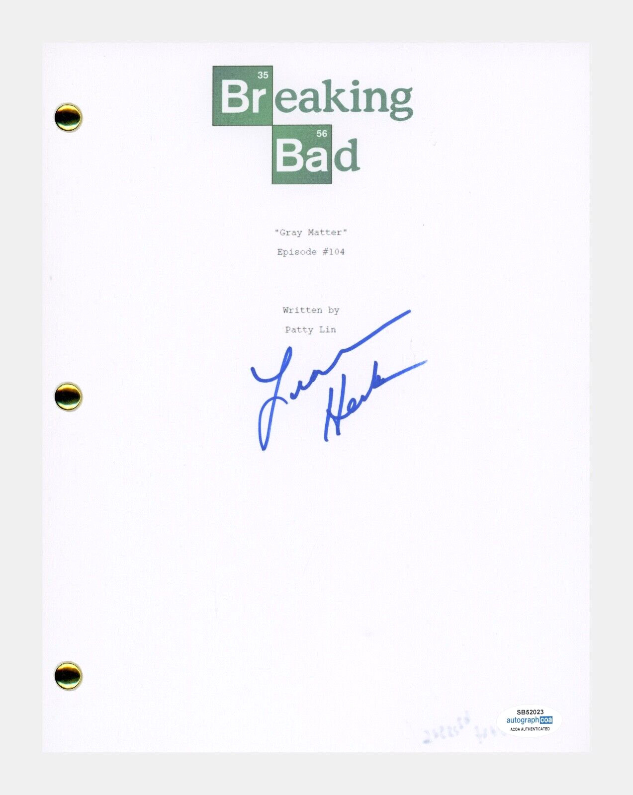 Jessica Hecht Signed Breaking Bad Gray Matter Ep104 Script Gretchen ACOA COA