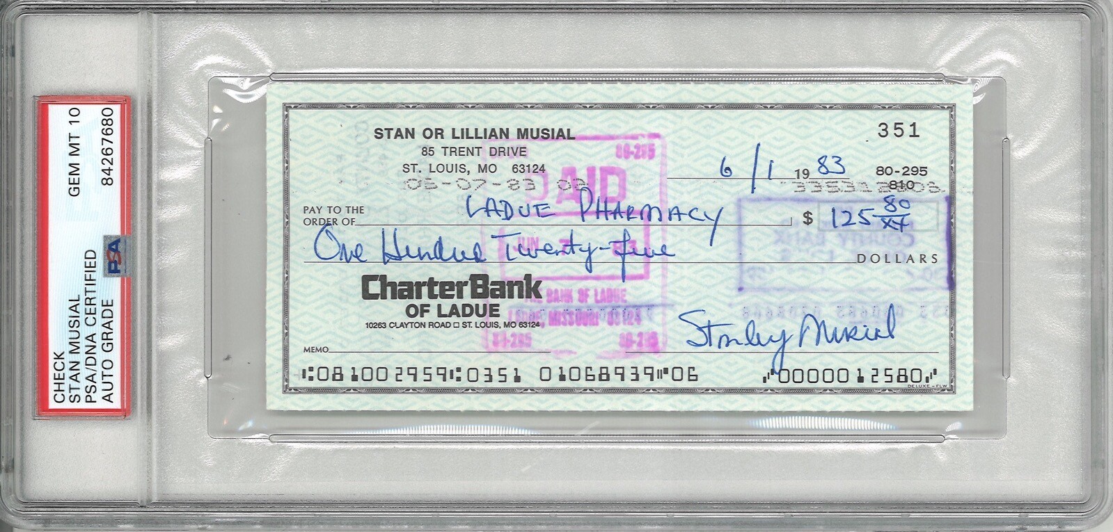 STAN MUSIAL SIGNED PERSONAL CHECK PSA DNA 84267680 GEM MINT 10 HOF (D)