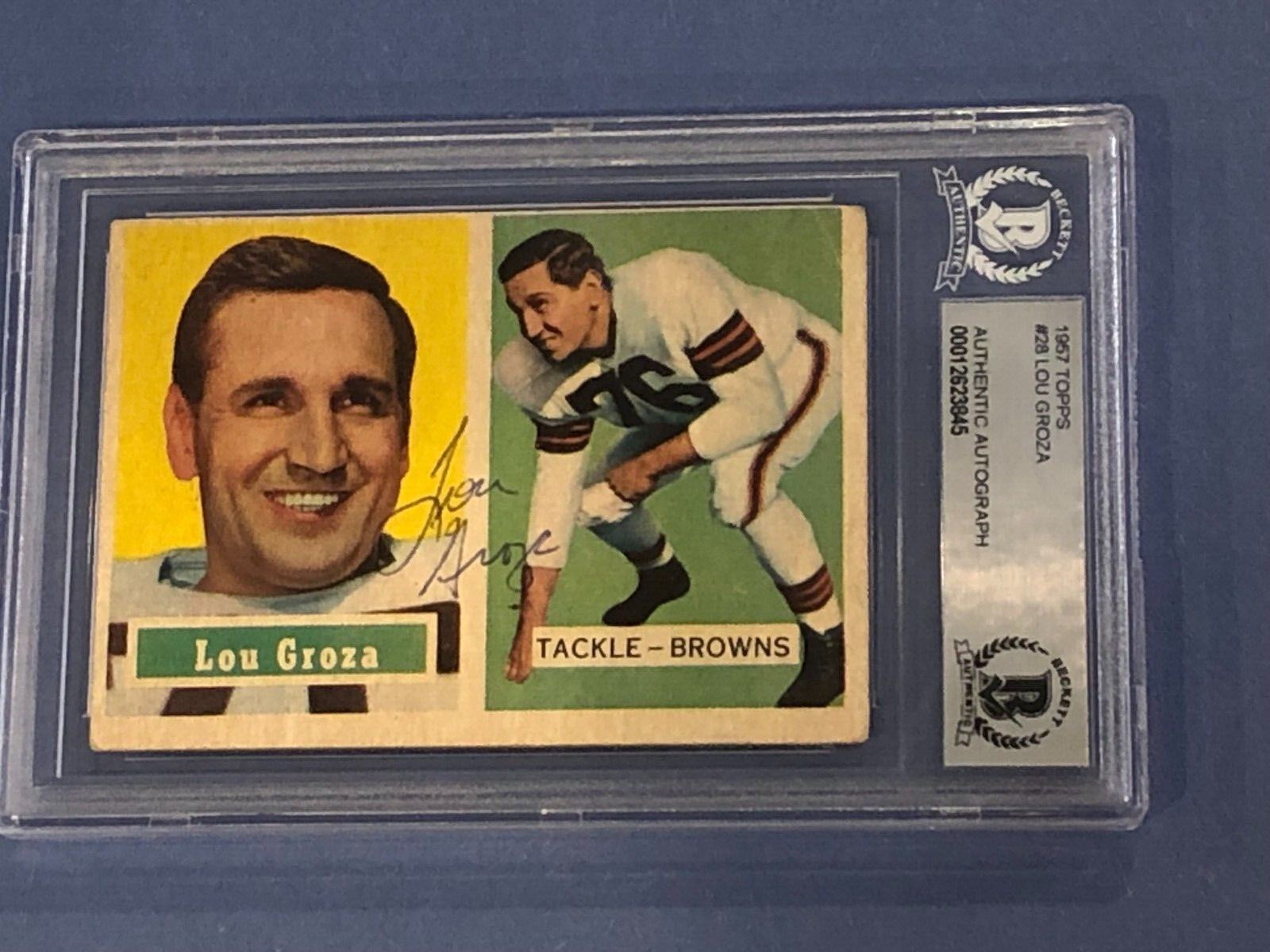 LOU GROZA Signed 1957 TOPPS Card #28 Beckett Authenticated BAS