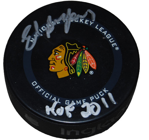 ED BELFOUR signed (CHICAGO BLACKHAWKS) Official game hockey puck BECKETT BG93686