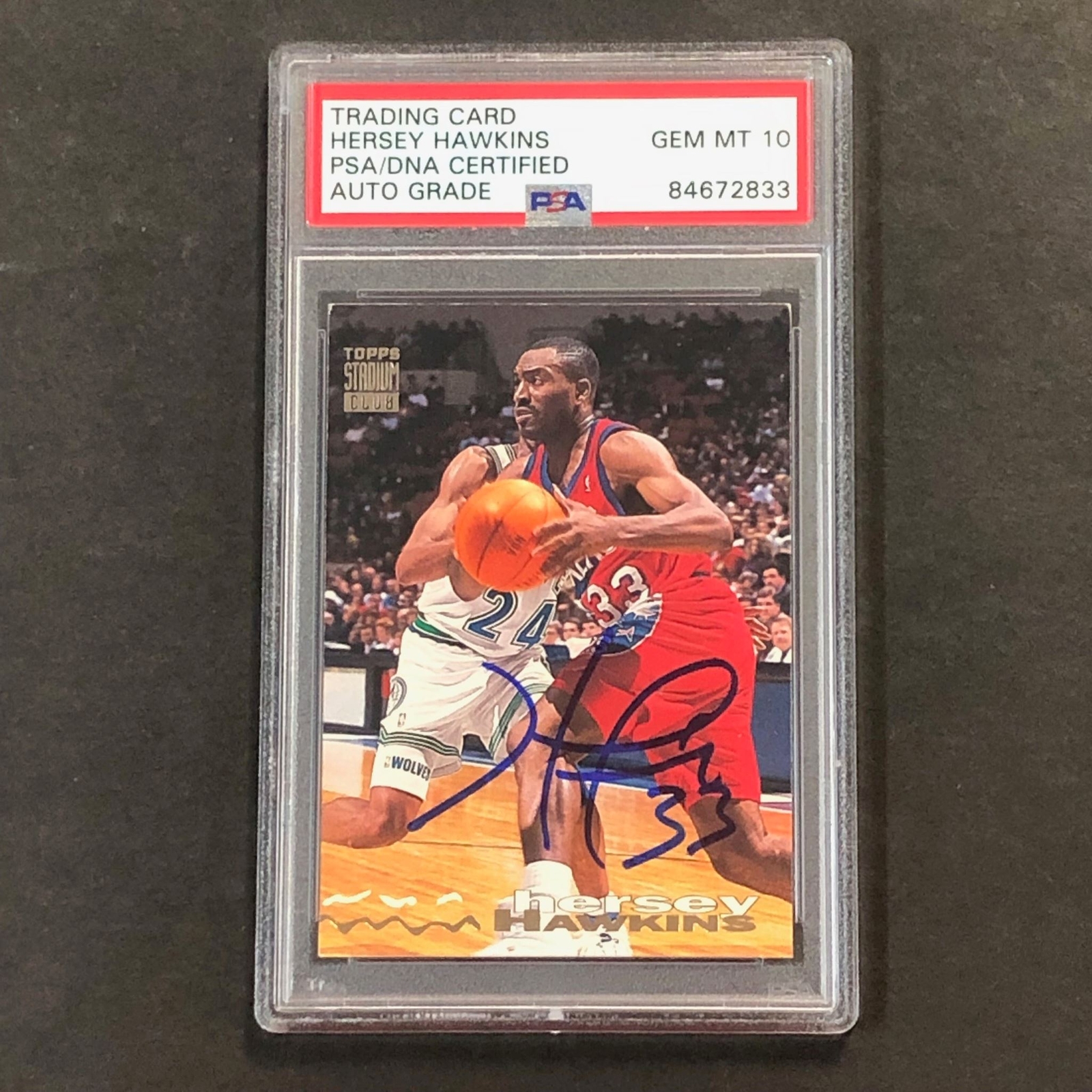 1992-93 Topps Stadium Club #25 Hersey Hawkins Signed Card AUTO 10 PSA Slabbed 76