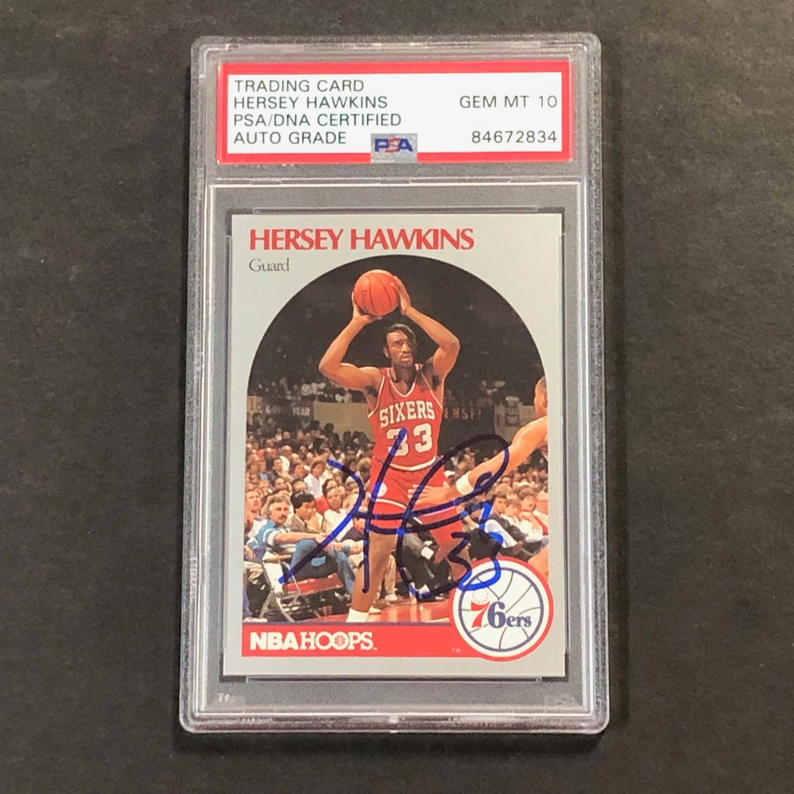 1990-91 NBA HOOPS #229 HERSEY HAWKINS SIGNED CARD AUTO 10 PSA SLABBED 76ERS COLLECTIBLE MEMORABILIA