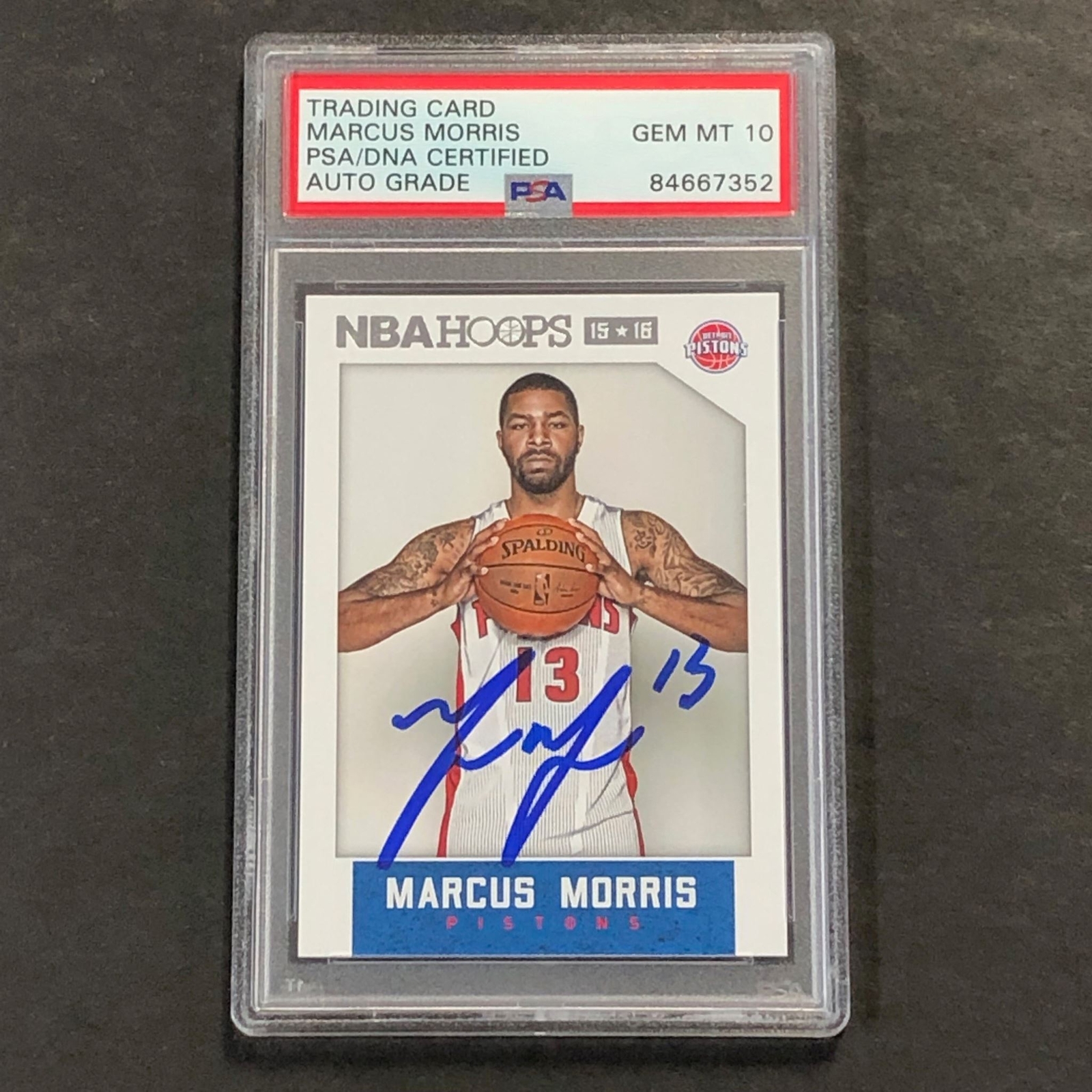 2015-16 NBA Hoops #104 Marcus Morris Signed Card AUTO 10 PSA Slabbed Pistons