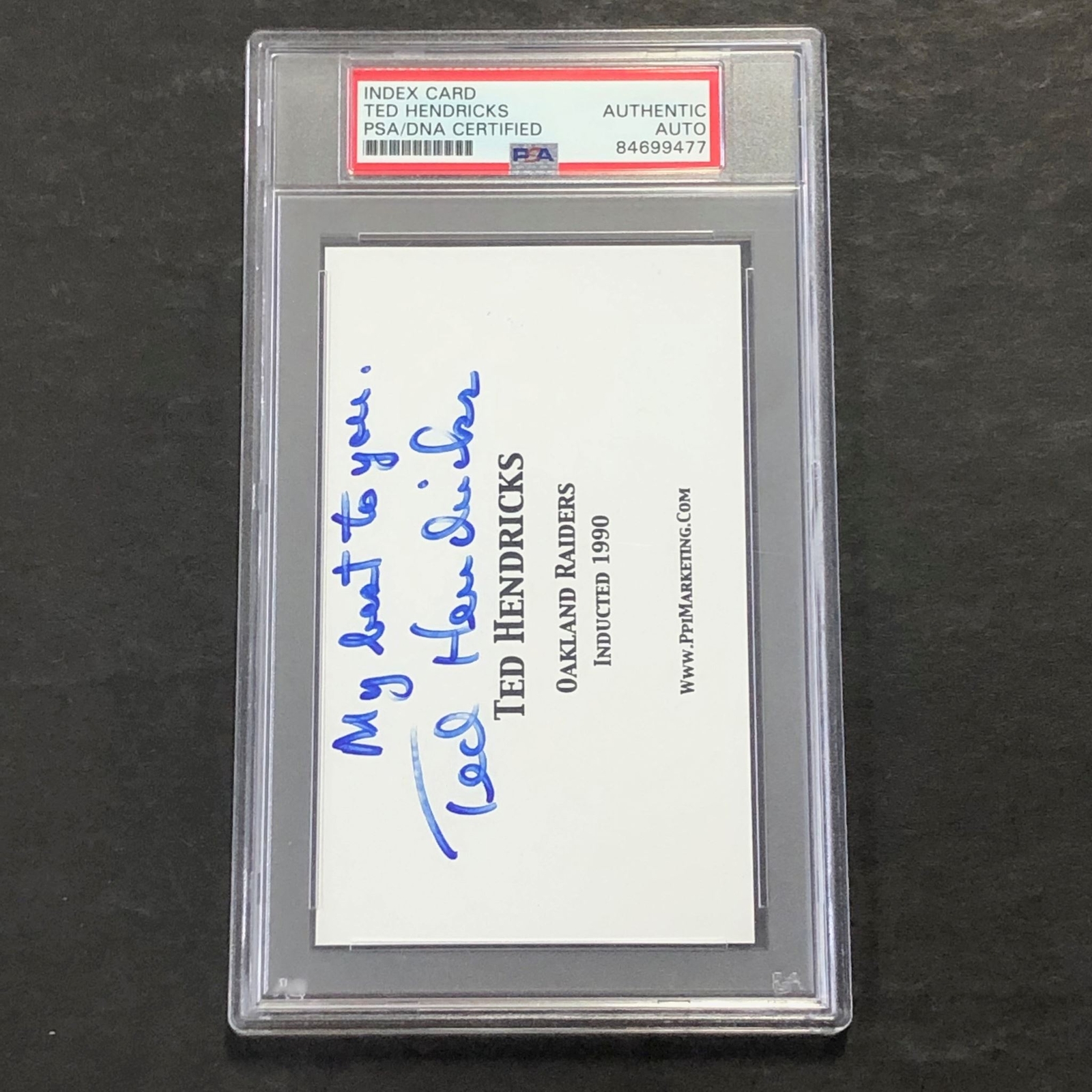 TED HENDRICKS SIGNED INDEX CARD PSA/DNA SLABBED AUTOGRAPHED OAKLAND RAIDERS COLLECTIBLE MEMORABILIA