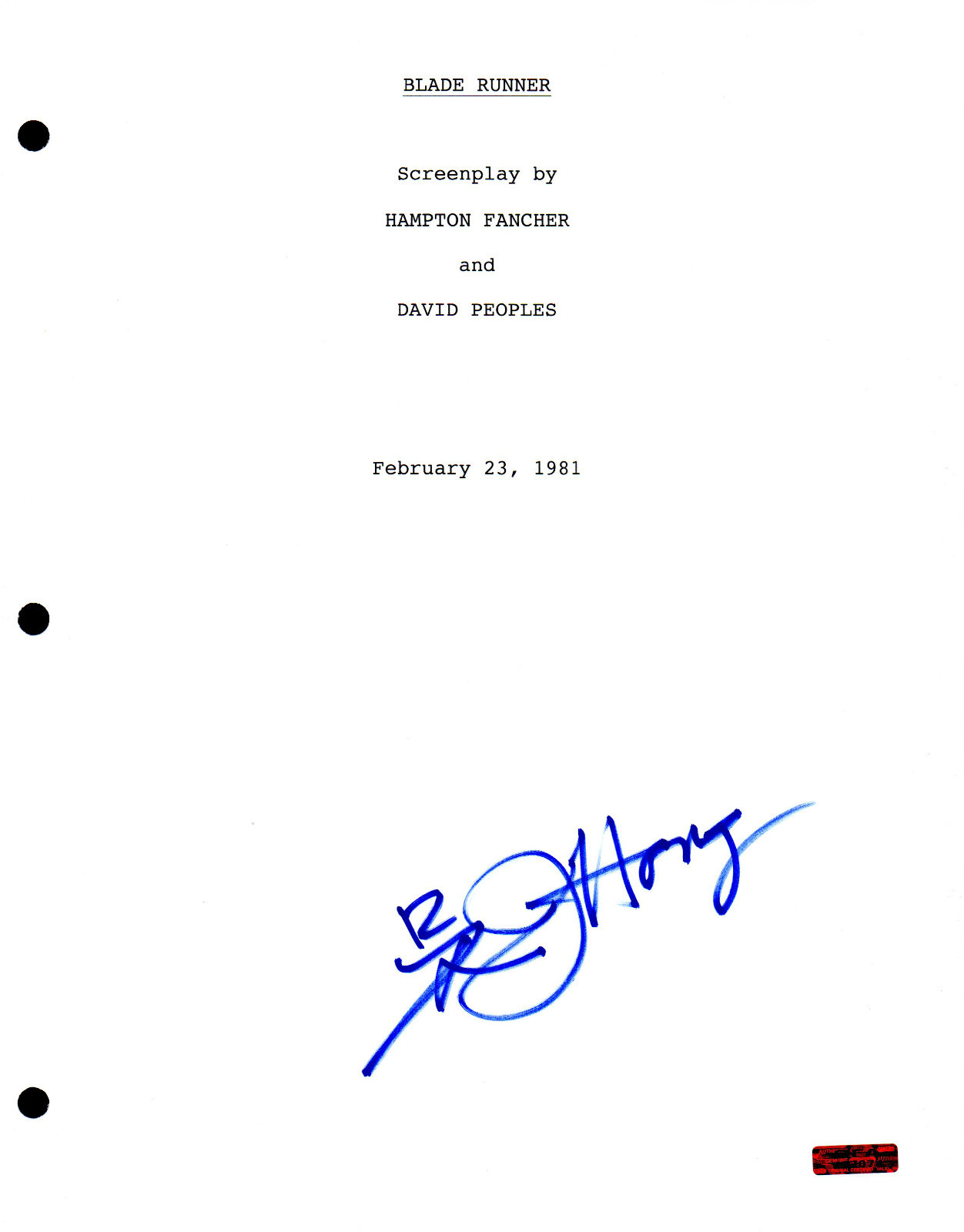 GFA Blade Runner * JAMES HONG * Signed Full Movie Script COA