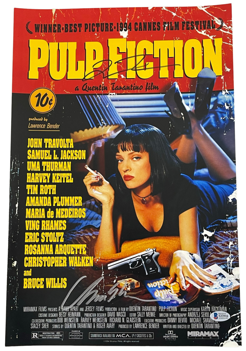 QUENTIN TARANTINO UMA THURMAN SIGNED 12X18 PHOTO PULP FICTION AUTOGRAPH BECKETT