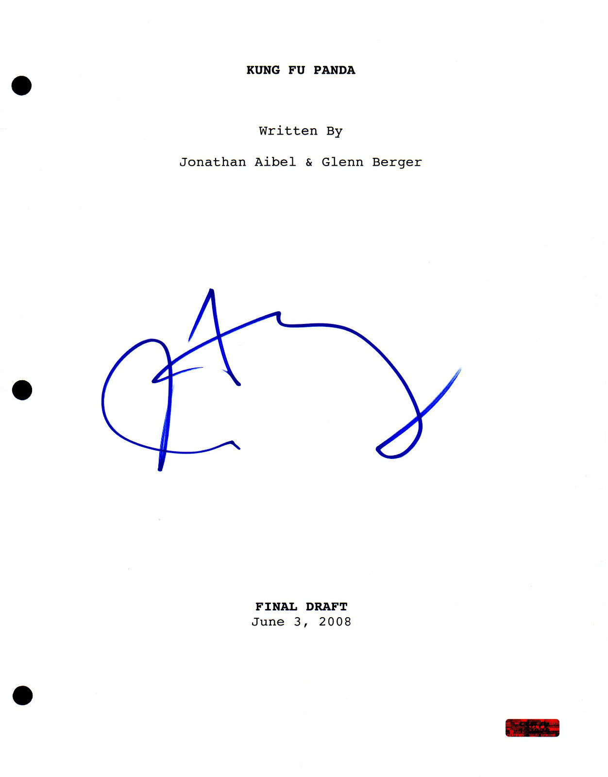 GFA Kung Fu Panda * JAMES HONG * Signed Full Movie Script AD1 COA