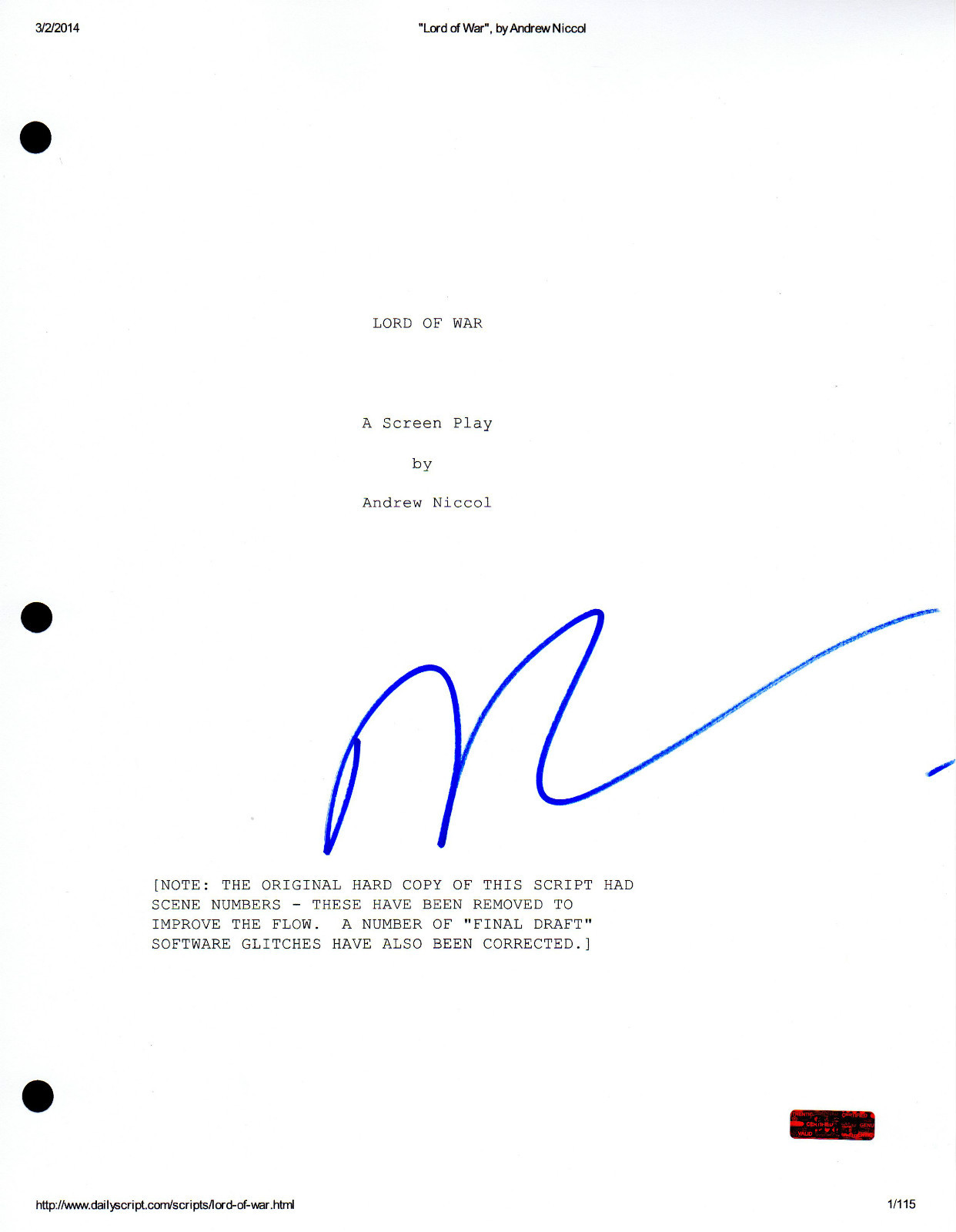 GFA Lord of War * NICOLAS CAGE * Signed Full Movie Script AD2 PROOF COA