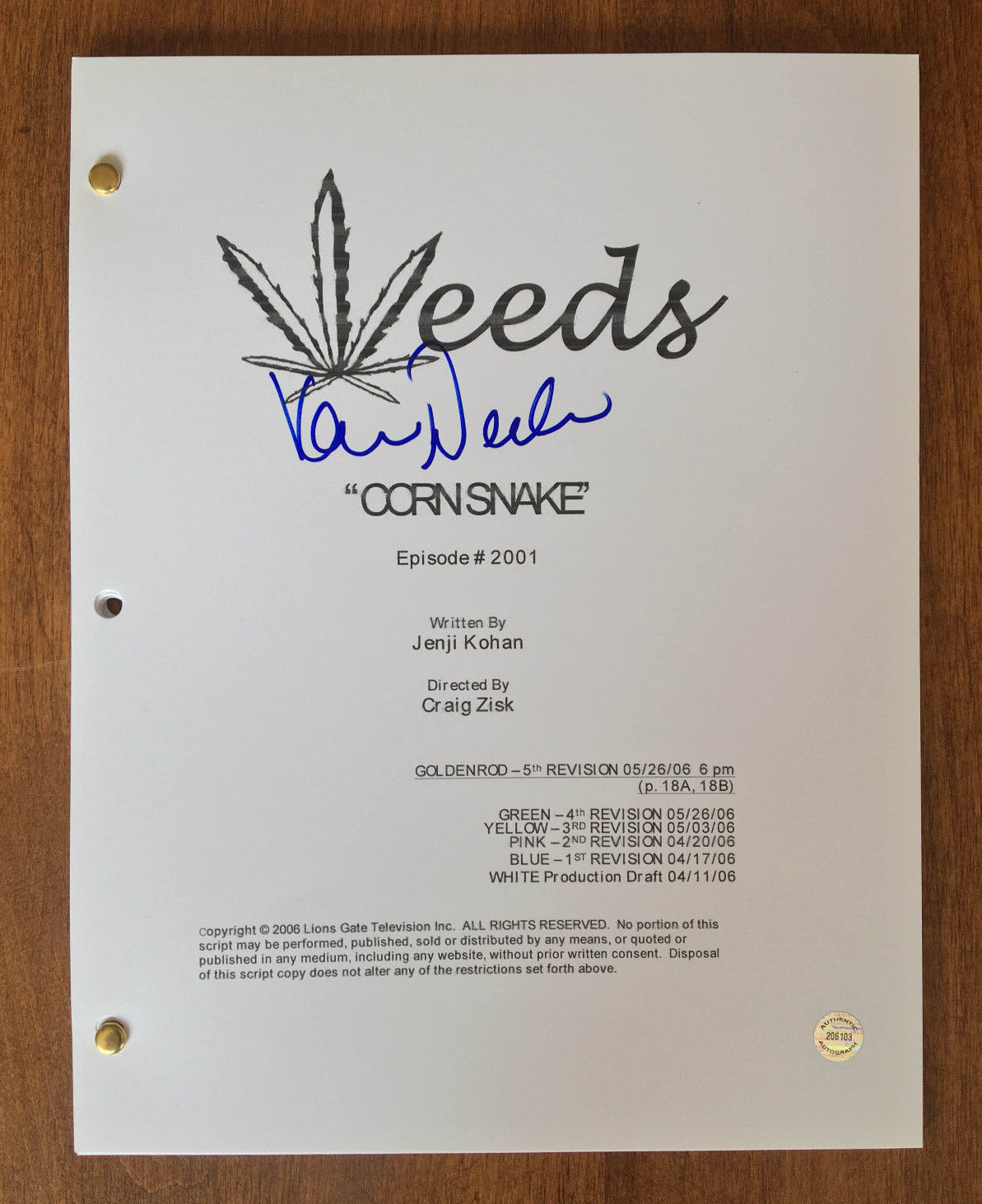GFA Weeds Cornsnake Episode * KEVIN NEALON * Signed TV Script AD1 PROOF COA