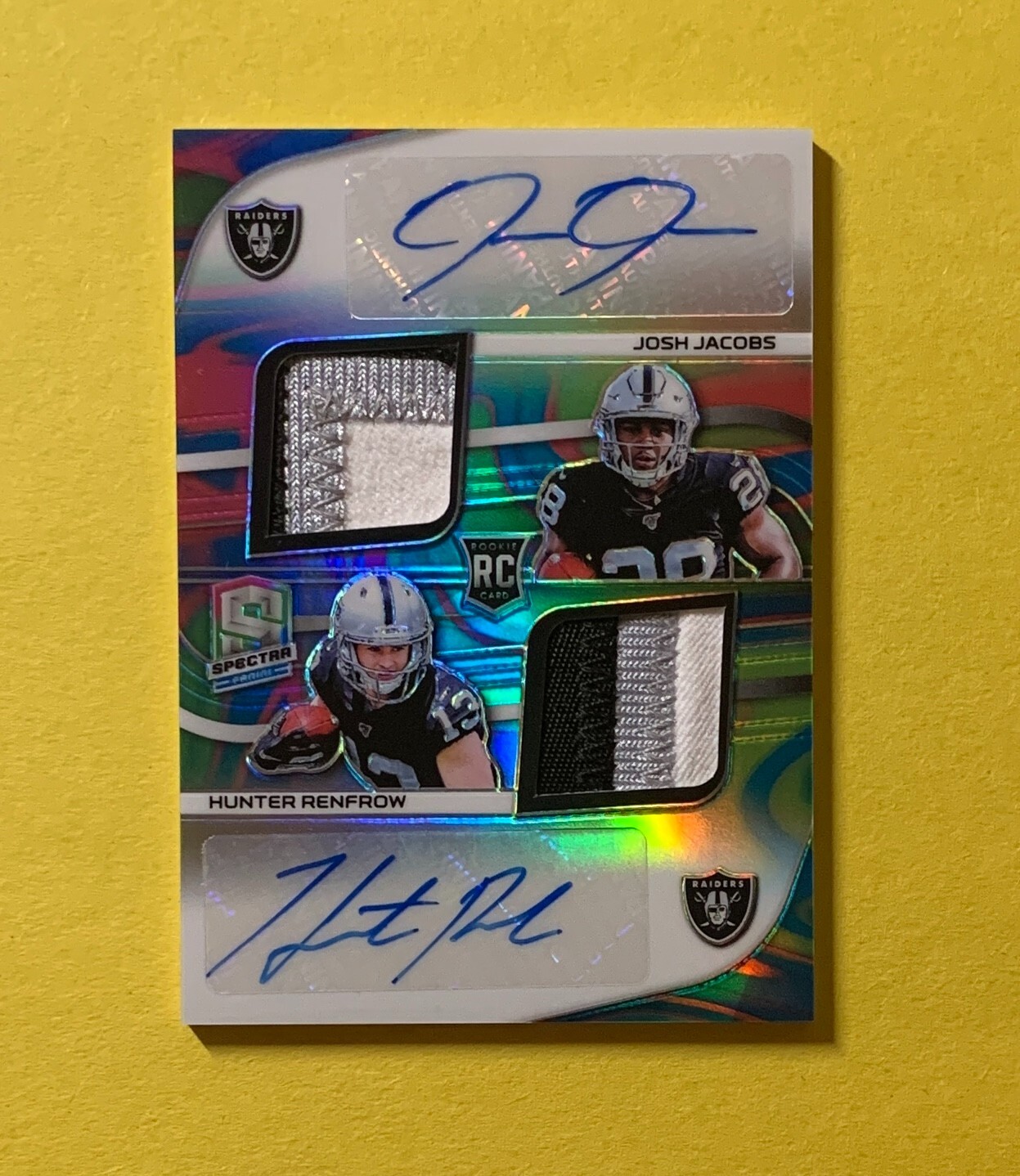 2019 PANINI SPECTRA JOSH JACOBS HUNTER RENFROW DUAL PATCH AUTO ROOKIE /4 #RDPA-8