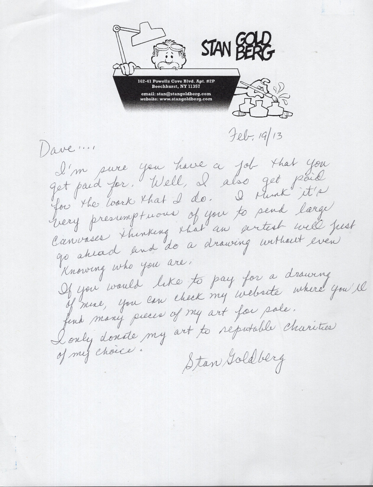 STAN GOLDBERG HAND SIGNED+HAND WRITTEN LETTER+COA GREAT ARCHIE CARTOONIST