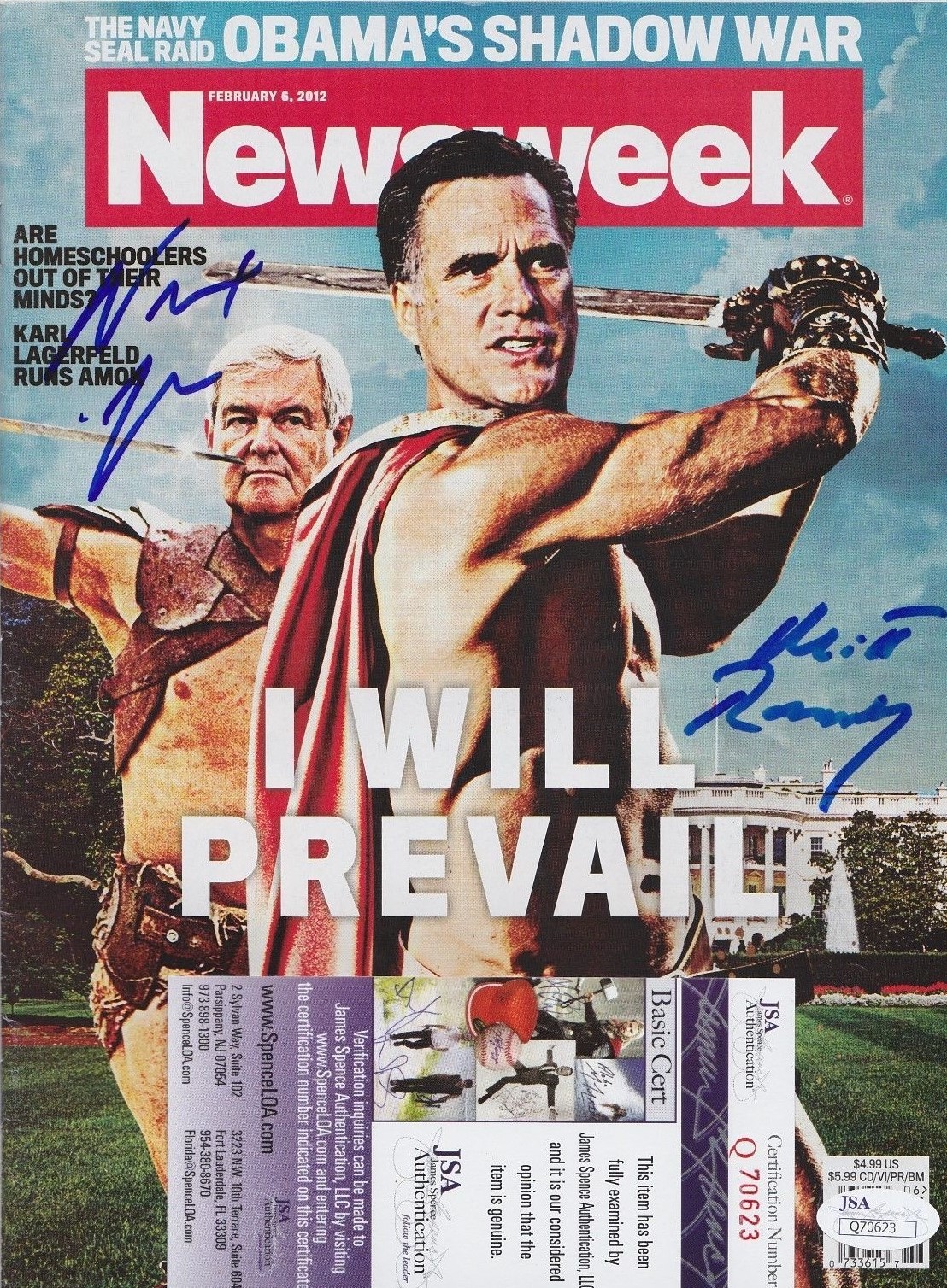 Mitt Romney + Newt Gingrich Dual Signed Newsweek Magazine w/ JSA COA #Q70623