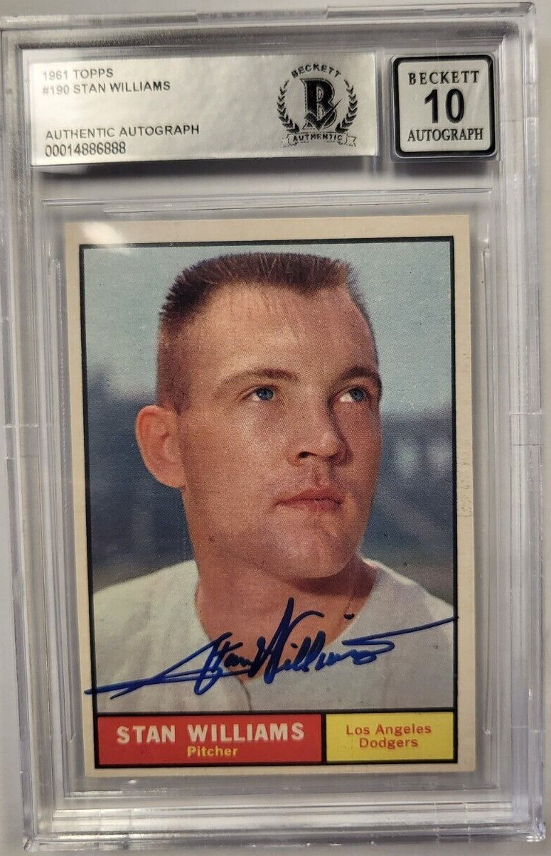 1961 TOPPS STAN WILLIAMS #190 DODGERS AUTHENTIC AUTO CERTIFIED BECKETT 10 CARD