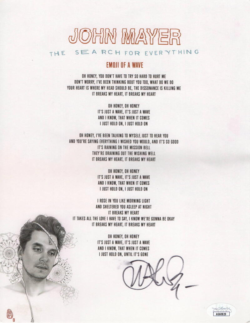 John Mayer Signed Autograph Emoji of a Wave Lyric Sheet - Heavier Things JSA COA