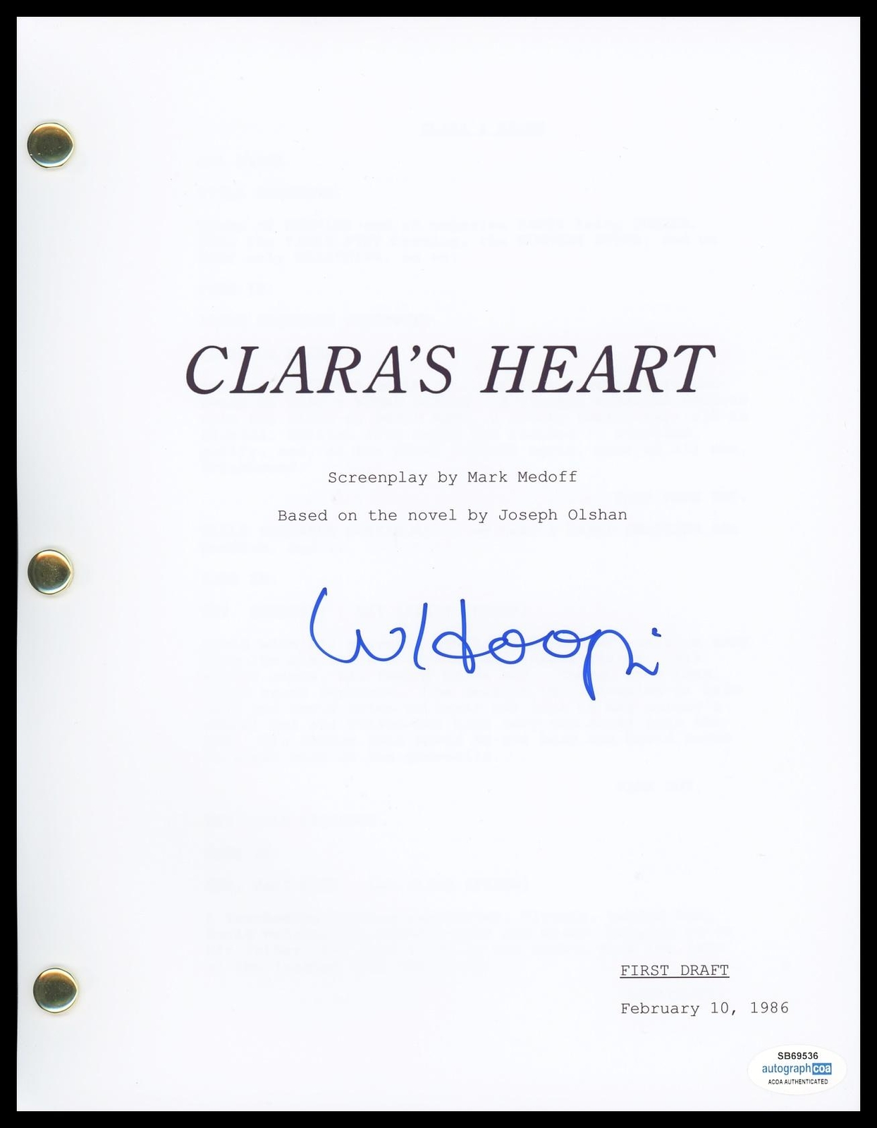 WHOOPI GOLDBERG “CLARA’S HEART” AUTOGRAPH SIGNED COMPLETE SCRIPT SCREENPLAY ACOA COLLECTIBLE MEMORABILIA
