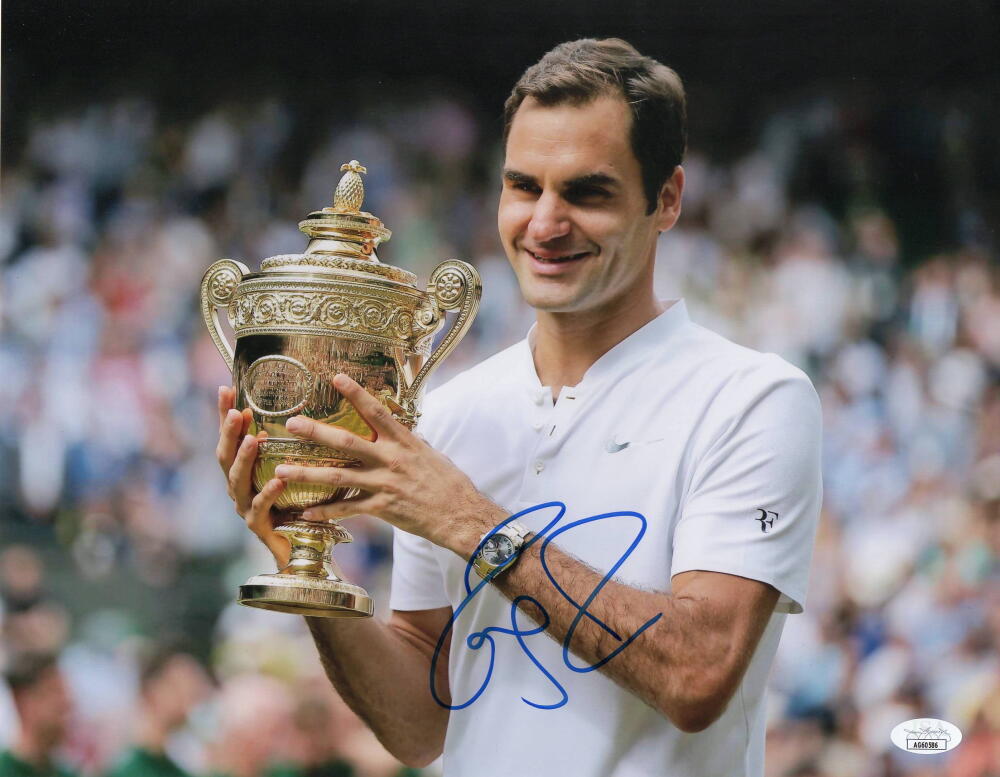 ROGER FEDERER SIGNED AUTOGRAPH 11X14 PHOTO HOLDING WIMBLEDON TENNIS TROPHY JSA