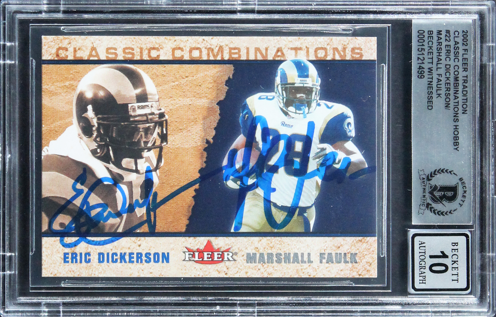 Eric Dickerson & Marshall Faulk Signed 2002 Fleer Trad #22 Card Auto 10 BAS Slab