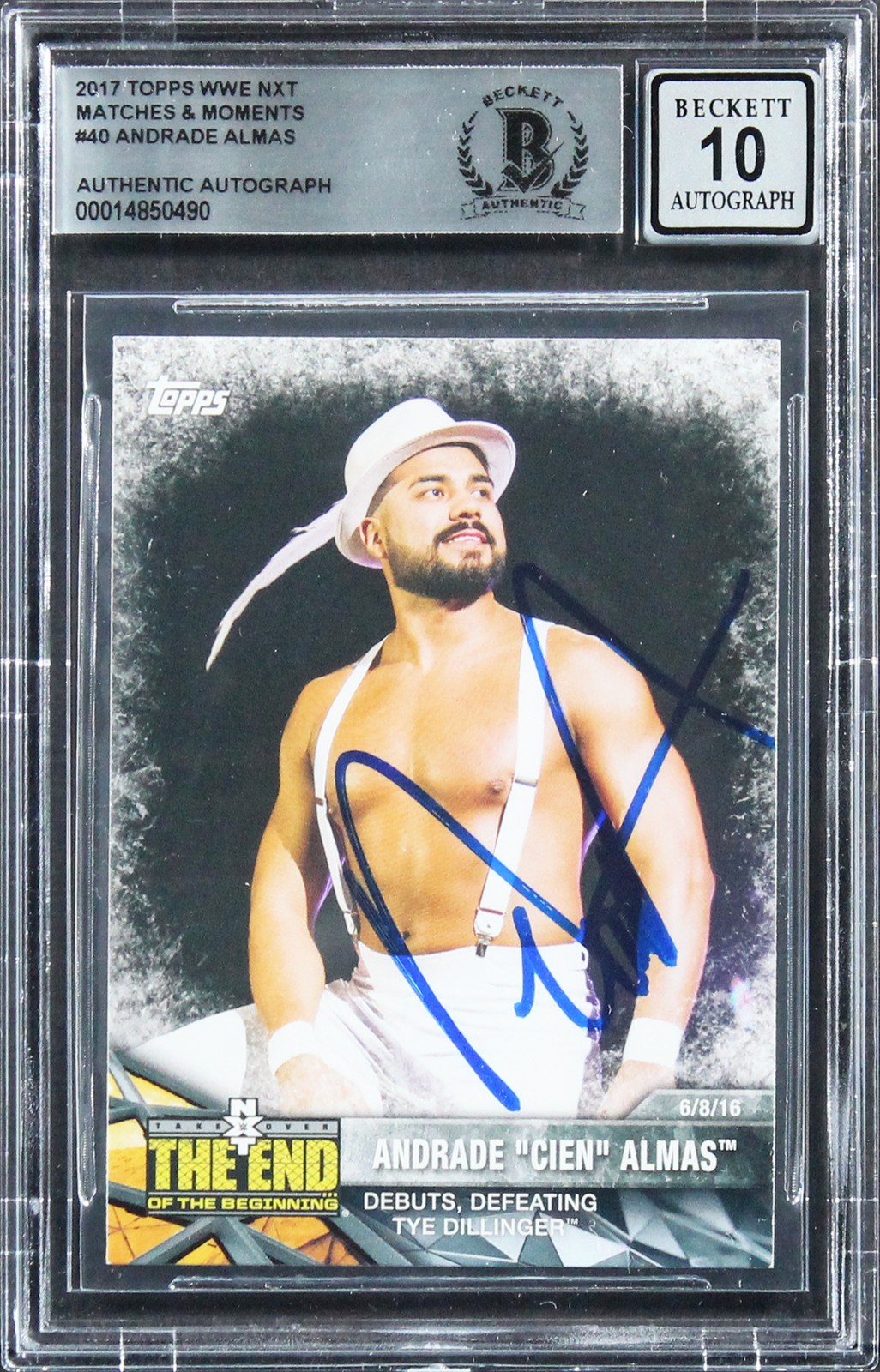ANDRADE ALMAS AUTHENTIC SIGNED 2017 TOPPS WWE NXT M&M #40 CARD AUTO 10! BAS SLAB COLLECTIBLE MEMORABILIA