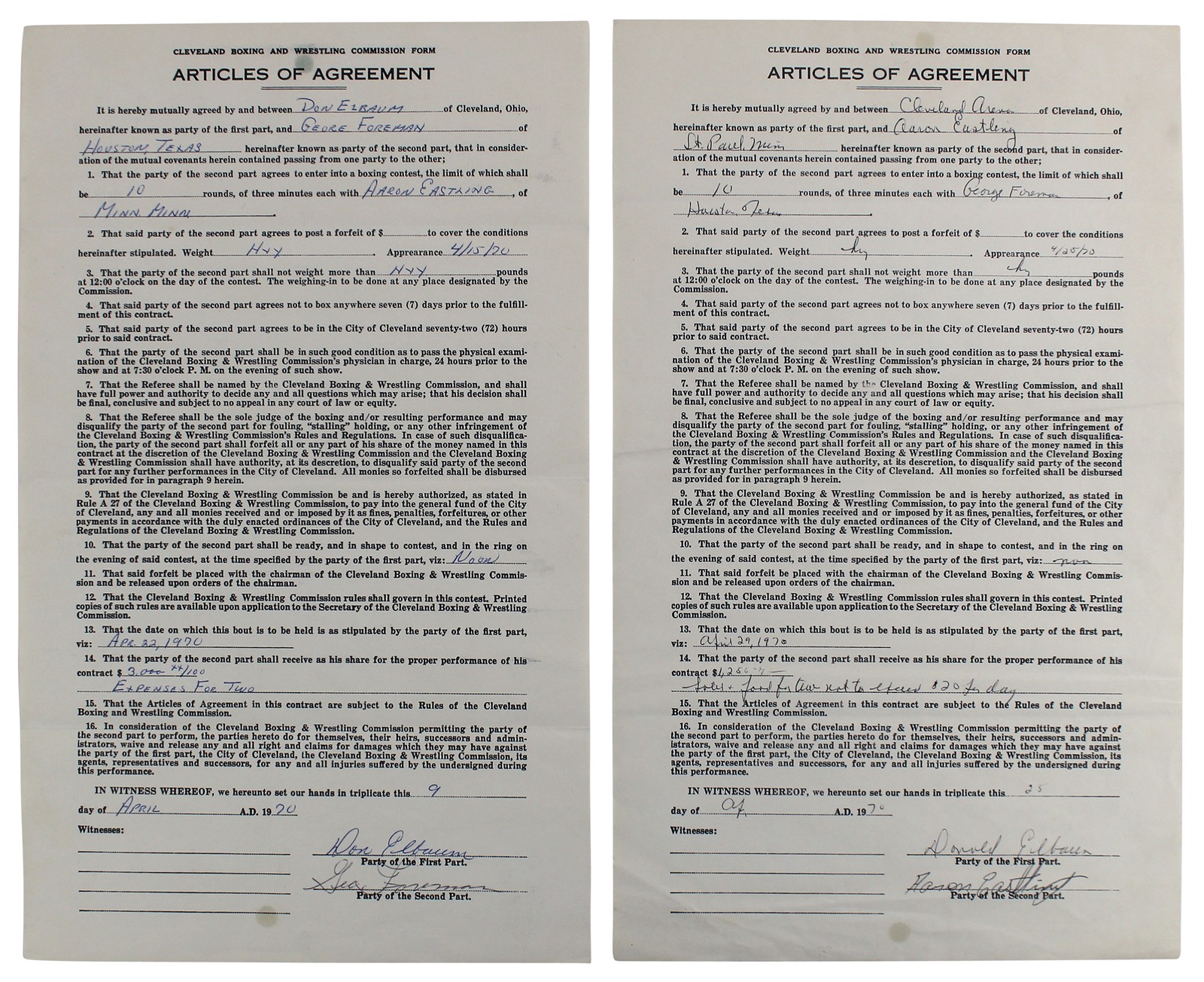 George Foreman & Aaron Eastling Signed 8.5x14 1970 2 Page Fight Contract BAS
