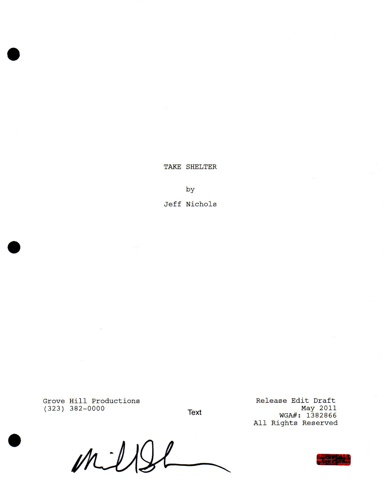 GFA Take Shelter * MICHAEL SHANNON * Signed Full Movie Script AD1 COA
