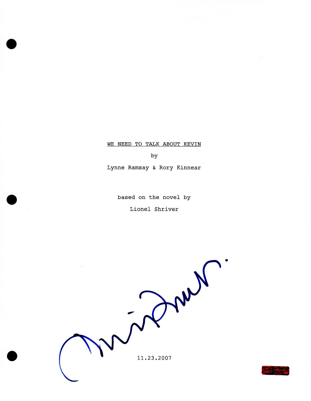 We Need to Talk About Kevin * TILDA SWINTON * Signed Full Page Script AD1 COA
