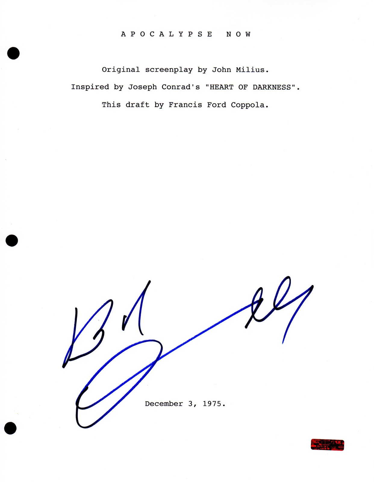 GFA Apocalypse Now * ROBERT DUVALL * Signed Full Movie Script COA
