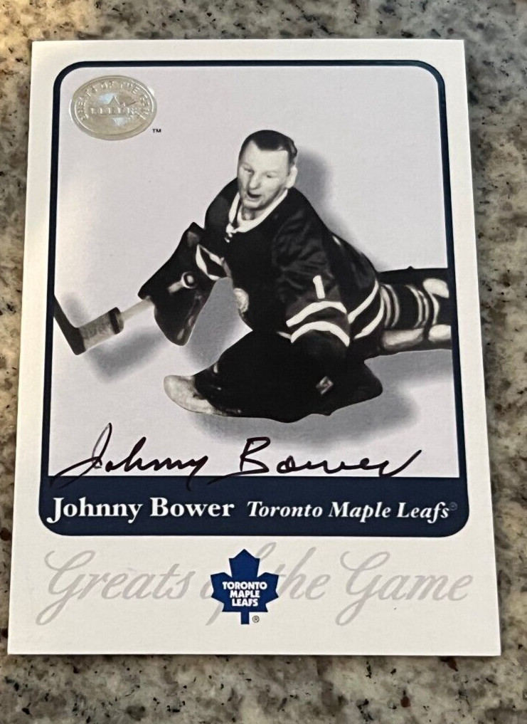 JOHNNY BOWER signed autographed 2001-02 Fleer Greats of the Game Card Maple Leaf
