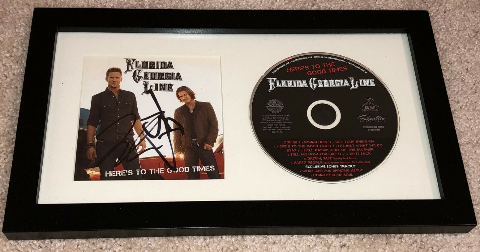 FLORIDA GEORGIA LINE SIGNED HERE'S TO THE GOOD TIMES FRAMED CD w/EXACT PROOF
